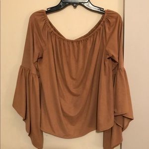 Suede Brown Off the Shoulder Long Sleeve Top